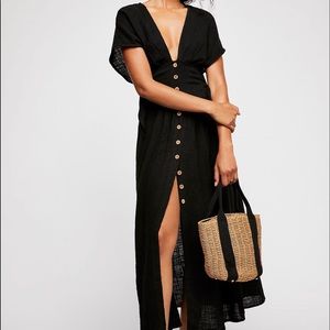 ✨ Free people black short sleeve endless summer jacinta dress bow button up